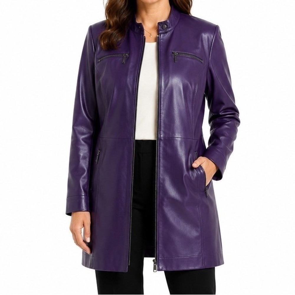 Jessica London Women's Purple Leather Zip Front Long Sleeve Jacket Coat Sz 18